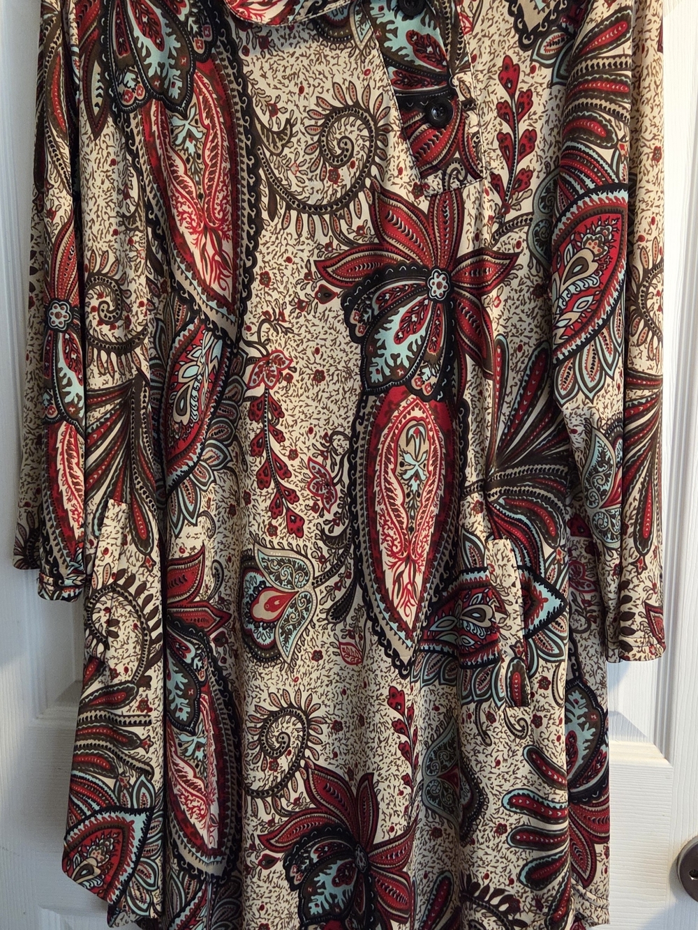Paisley Print Long Sleeve Women's Dress in Cream and Red 1XL